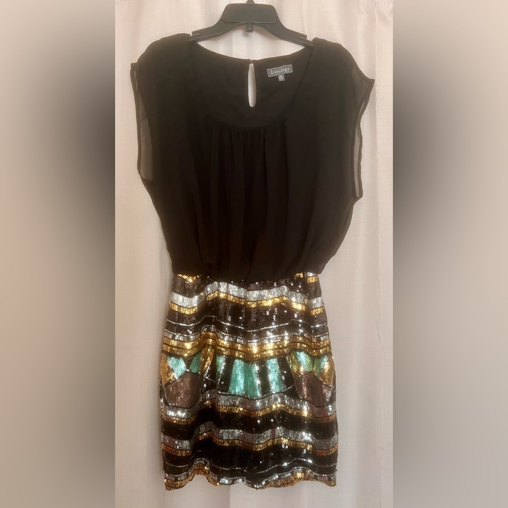 Luxology Sequin Dress Black Gold Sheer Top Size M